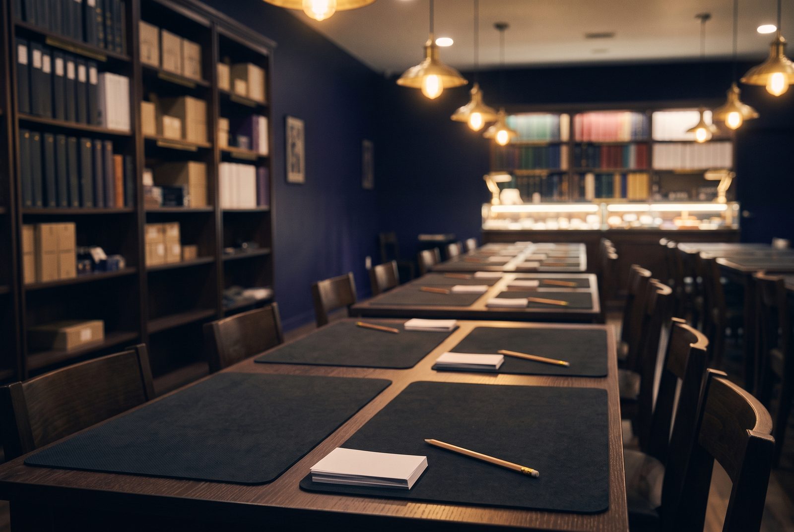 Four long tables set with dark playmats, pairing slips and pencils under brass pendant lights, the lit counter at the far end, no one in yet