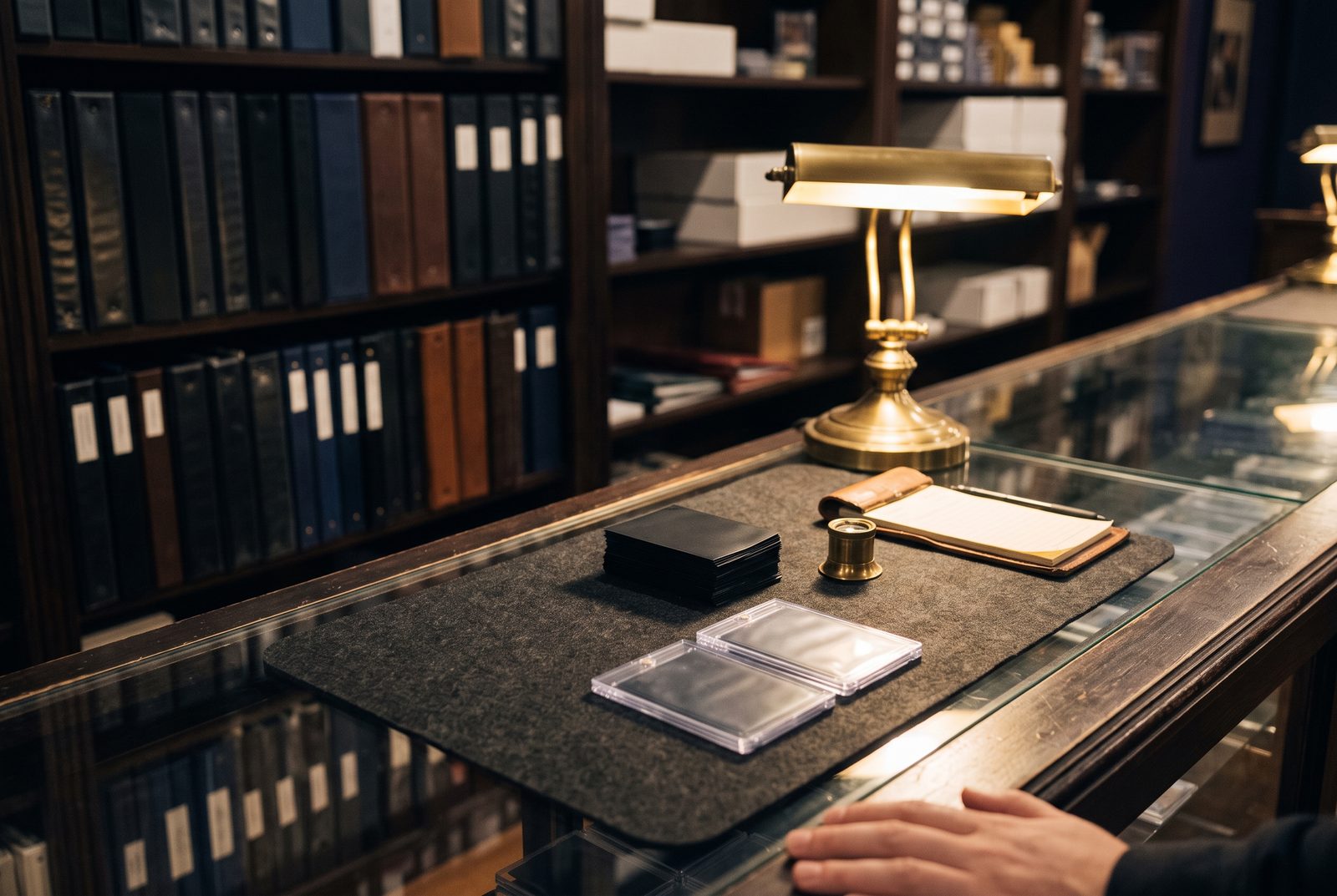 The buying counter with a brass lamp, felt mat and sleeved cards