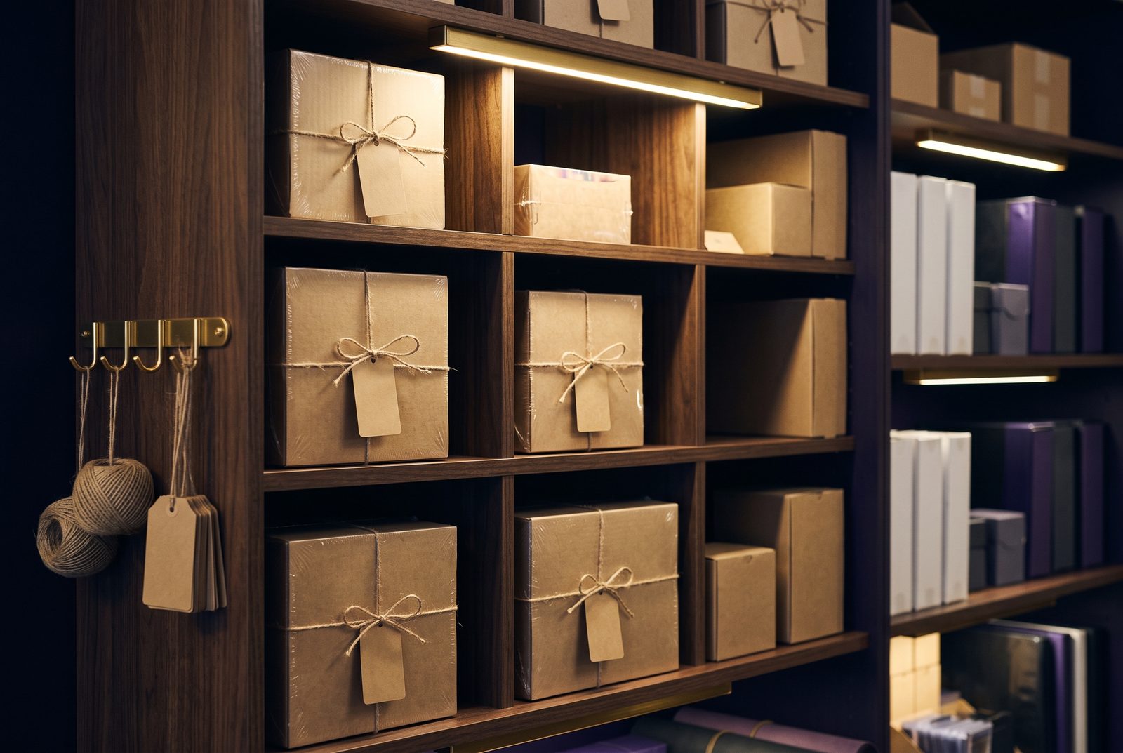 A wall of wooden cubbies holding wrapped boxes, each with a blank kraft tag tied on with twine