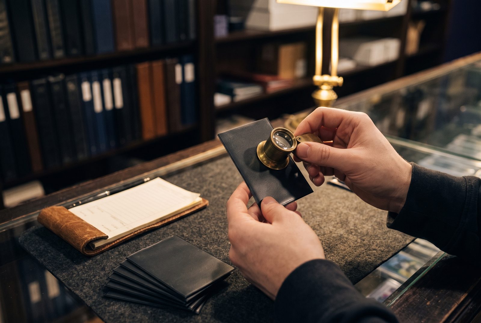 Hands holding a sleeved card under a jeweler's loupe over the counter, a blank receipt pad beside it