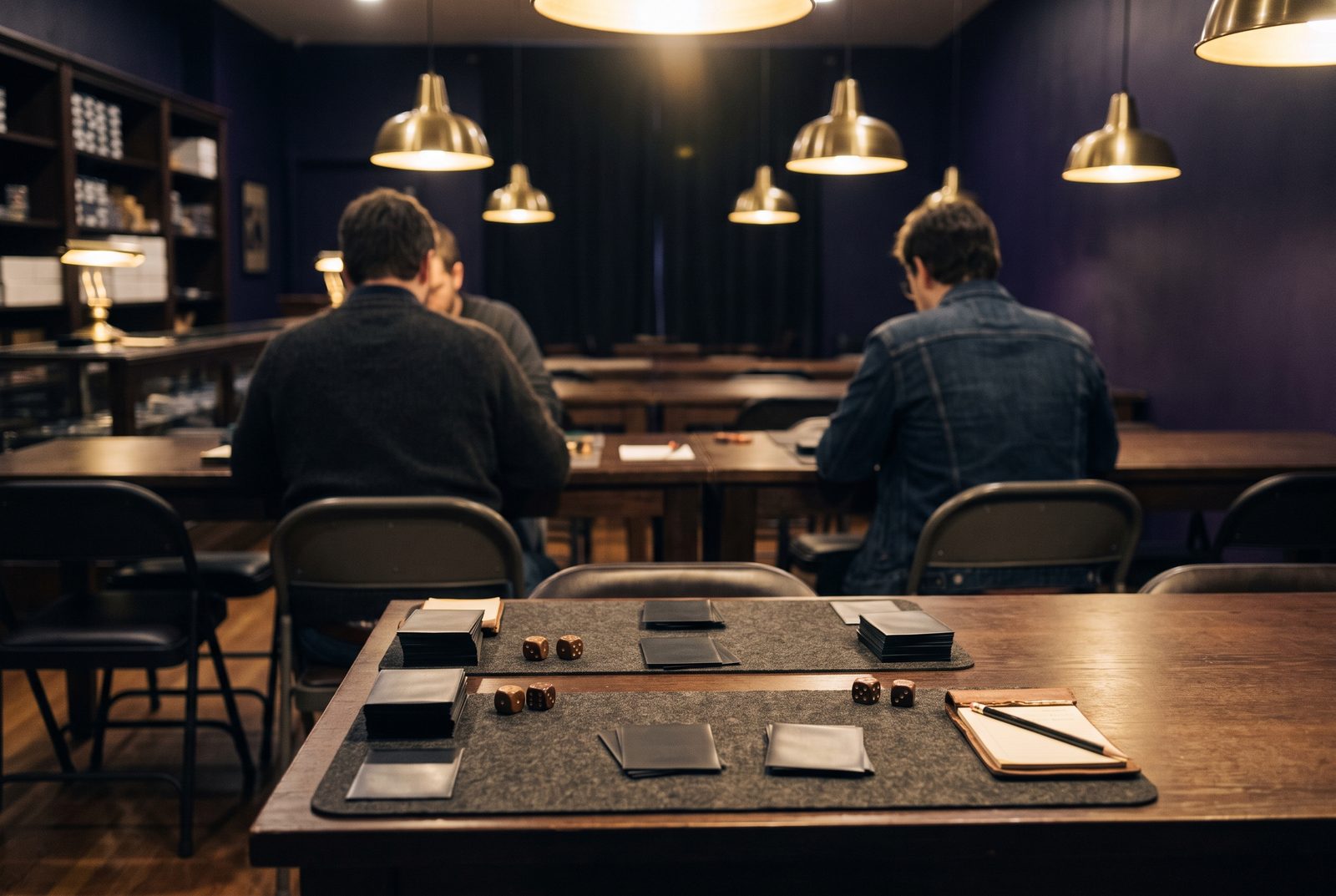 Two players from behind at a long table under pendant lights