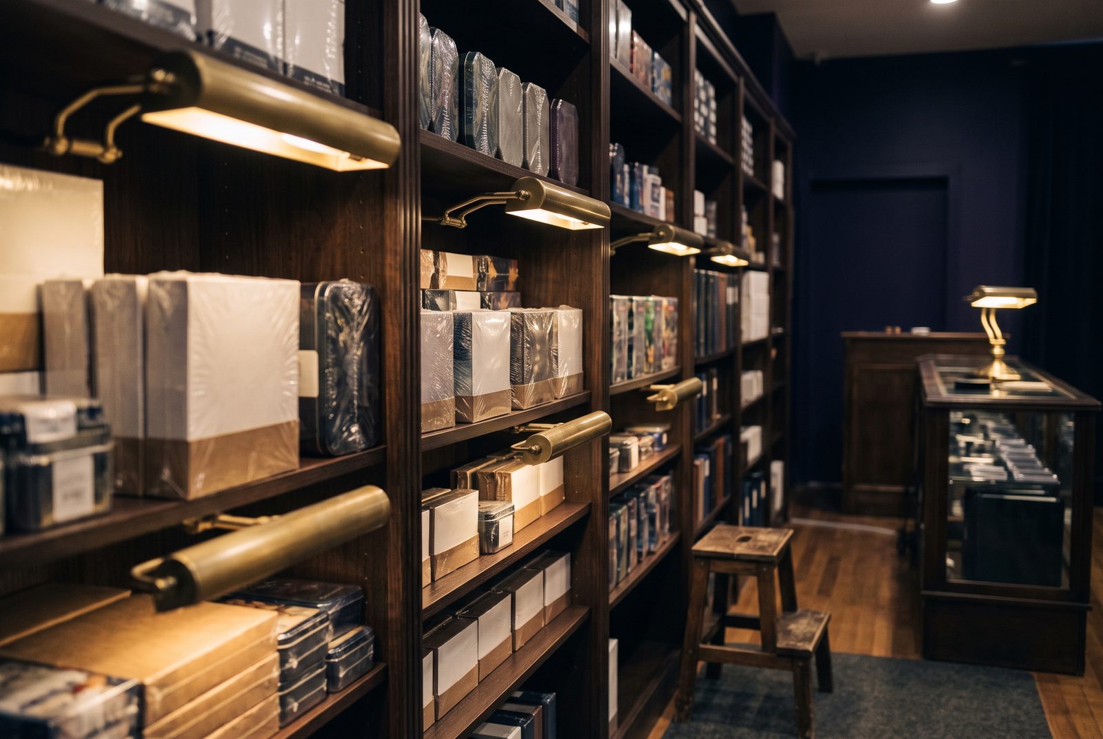 Shelves of shrink-wrapped boxes under brass shelf lights