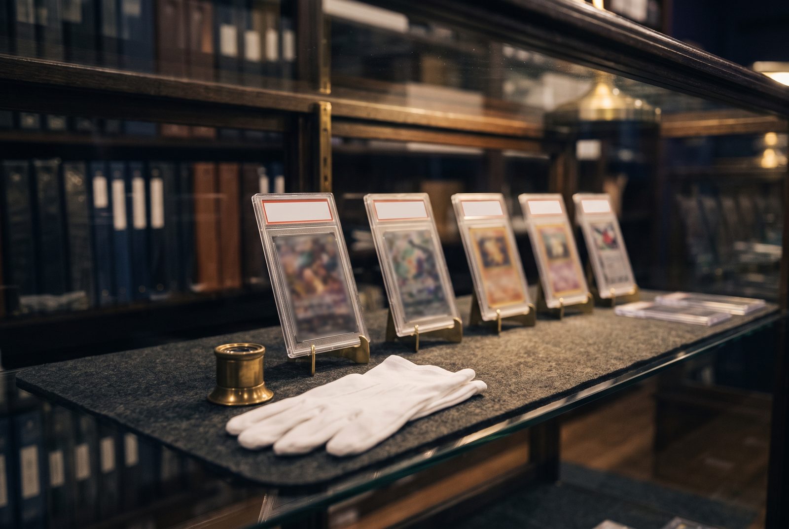 Graded card slabs standing on brass easels in a lit glass case, white cotton gloves and a loupe on the felt